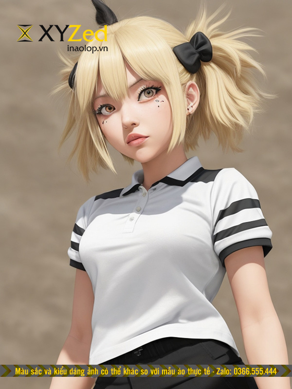 Áo đồng phục cổ bẻ màu trắng bo sọc vi tính