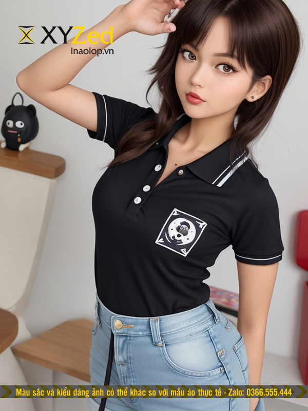 Áo đồng phục cổ bẻ màu đen bo sọc viền tay trong