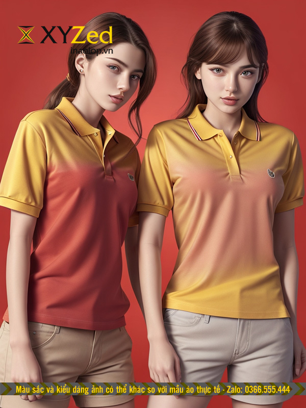 Mẫu áo thun cổ bẻ in chuyển nhiệt vàng -hồng-đỏ lợt viền sọc trắng đỏ