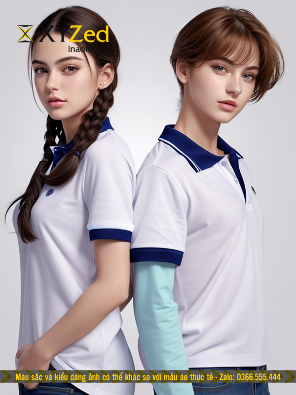 Mẫu áo thun cổ bẻ màu trắng bo xanh bích phối trụ trên xanh