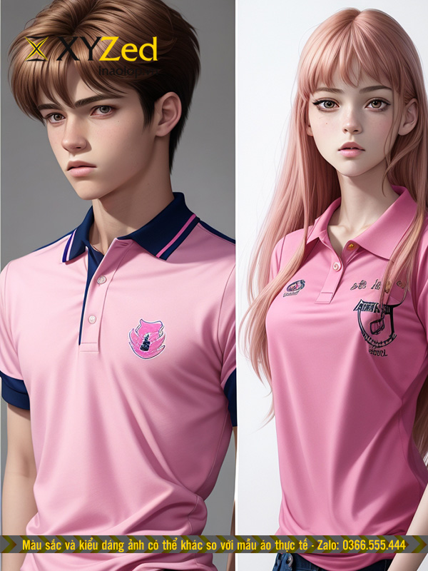 Áo đồng phục cổ bẻ màu hồng trụ lé xanh viền 1 sọc