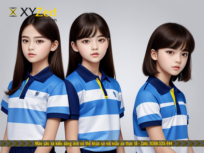 Áo đồng phục cổ bẻ màu xanh in chuyển nhiệt